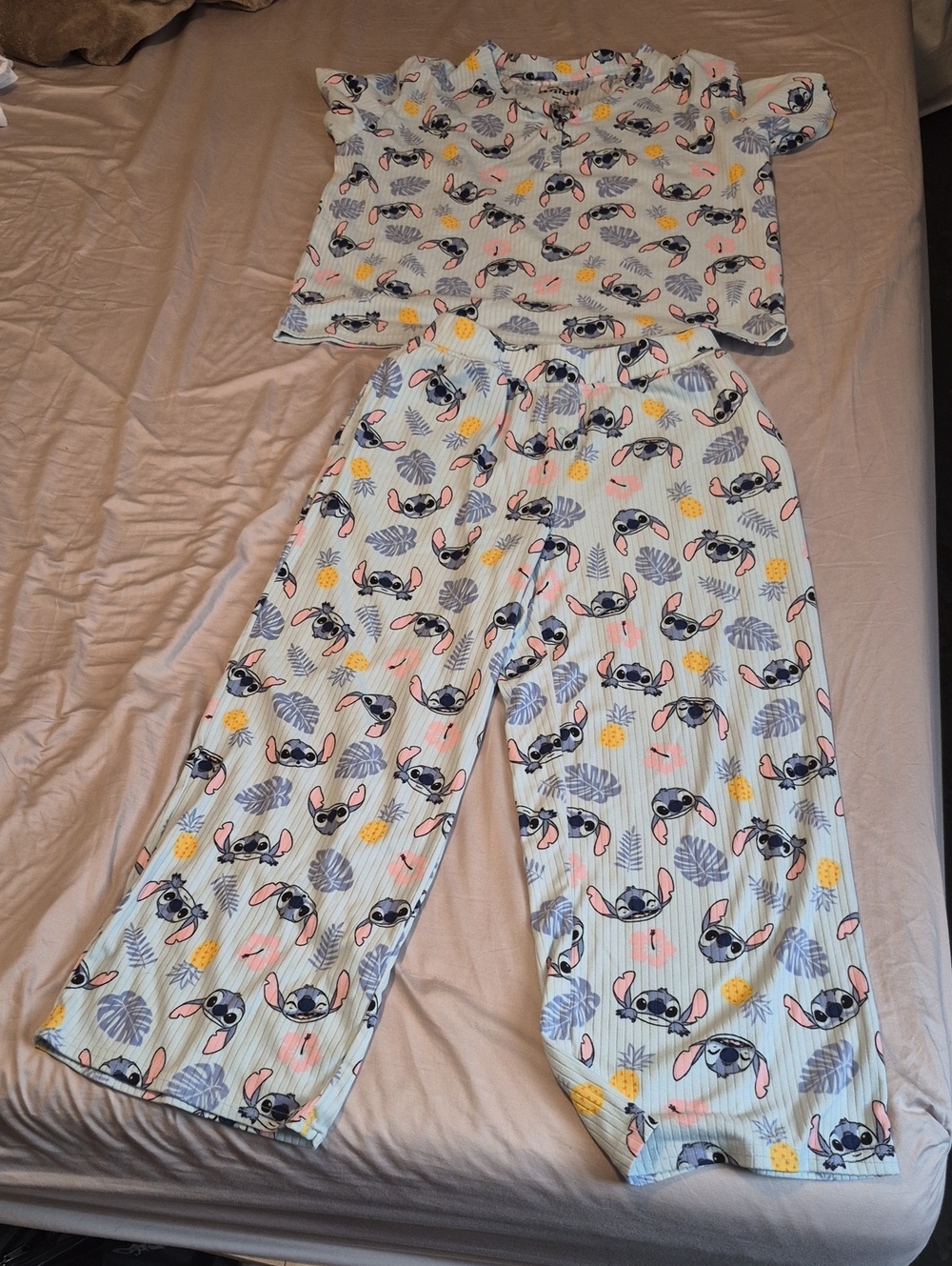 Light Blue Printed Women's Pajama Set with Playful Character Motif